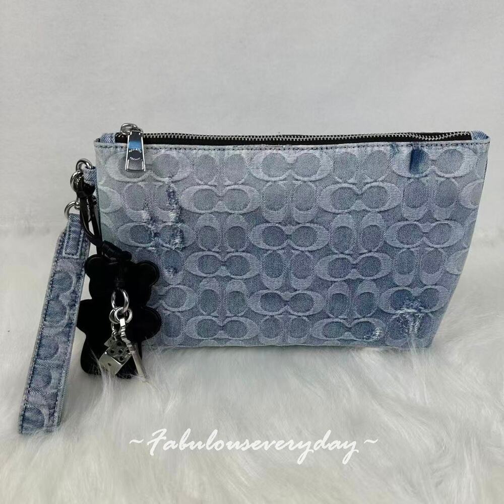 Coach Pouch In Loved Denim with Charms Clutch Silver/Light Indigo CEU09 NWT